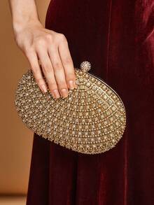 SHEIN Belle Rhinestone Decorated Gold Metallic Forward Style Clutch Bag - Gold - View 2