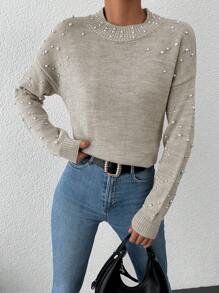 EURMUSE Pearl Beaded Drop Shoulder Sweater - Beige - View 1