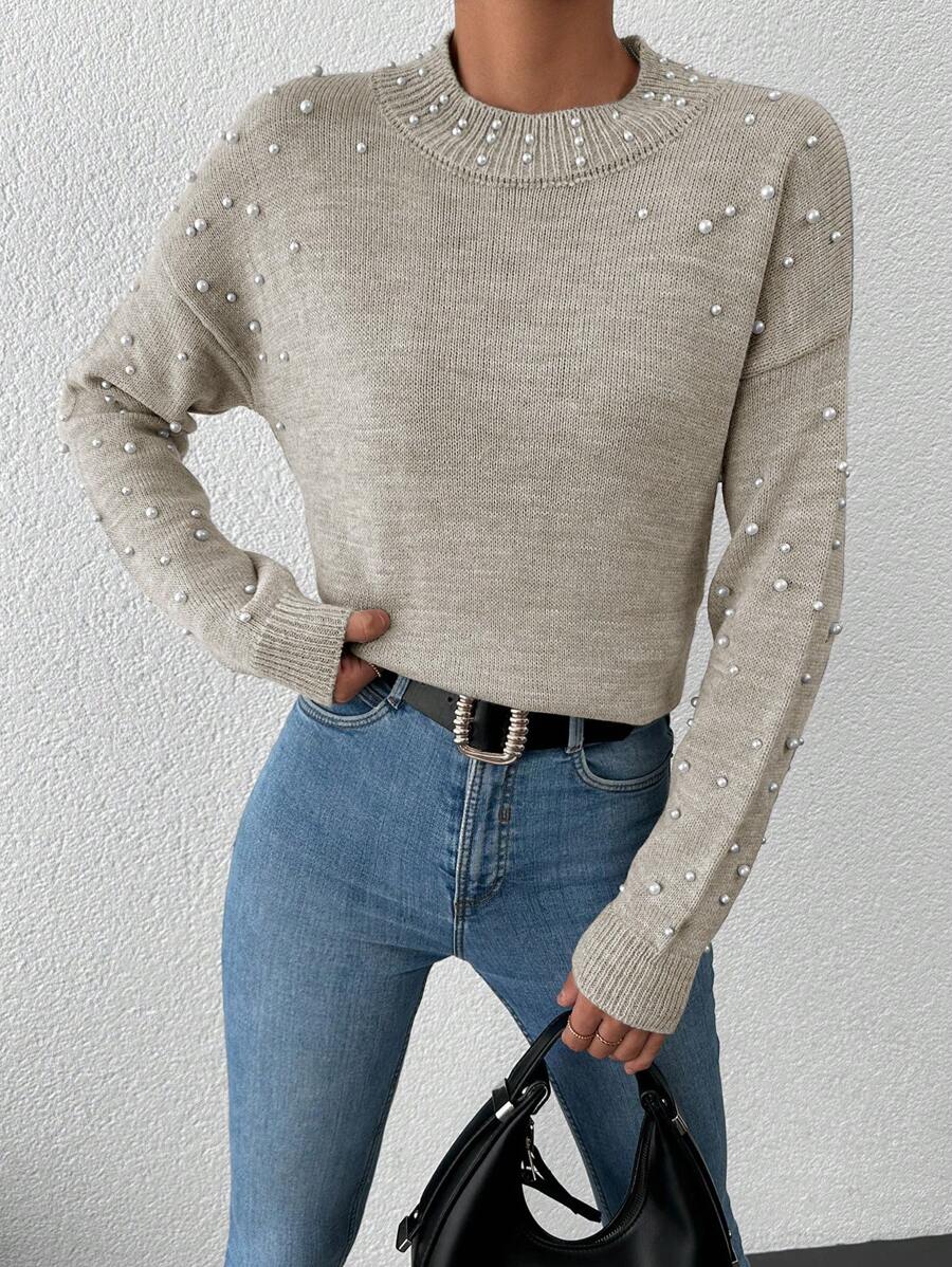 EURMUSE Pearl Beaded Drop Shoulder Sweater - Beige - View 1