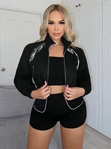 SHEIN SXY 鑲有水晶流蘇拉鍊短外套 - 黑色 - 查看 3