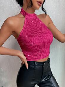 SHEIN BAE 銀色亮片斷肩無袖掛脖上衣 - 玫紅色 - 查看 3