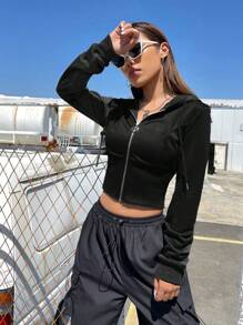 SHEIN EZwear 拉鍊&抽繩連帽短版運動衫 - 黑色 - 查看 3