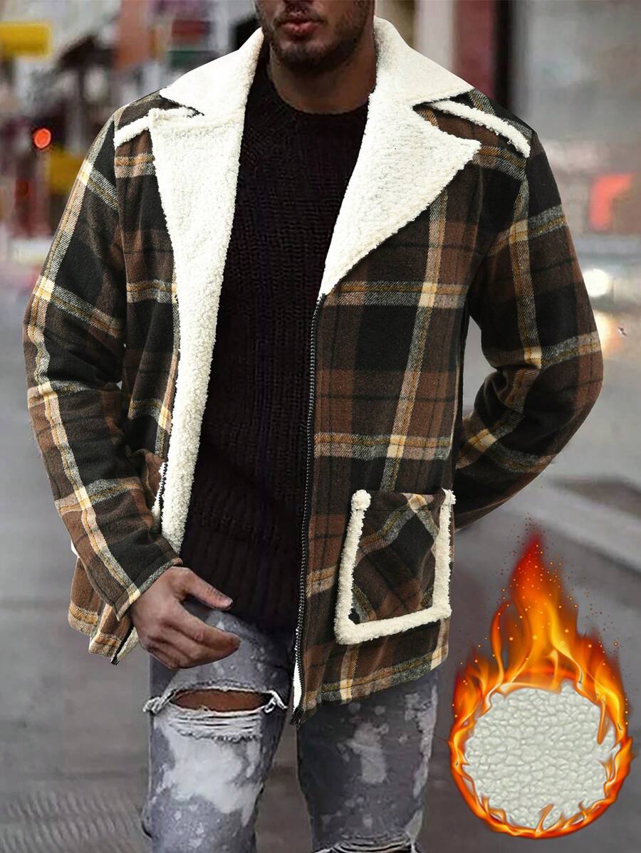 Manfinity Homme Loose Fit Men's Plaid Print Overcoat With Thermal Lining - Brown - View 1