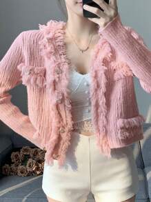 DAZY 素色毛邊緣短款開衫 - 粉色 - 查看 6