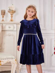 Tween Girl Ruffle Trim Ruffle Hem Velvet Dress Without Belt for Christmas - Royal Blue - View 3