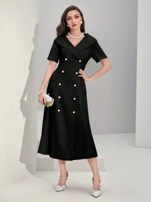 Modelyn Navy Style Double Breasted Dress With Lapel Collar - Black - View 5