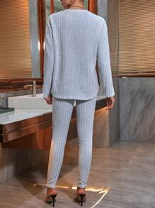 SHEIN LUNE Solid Ribbed Knit Tee & Leggings - Grey - View 2