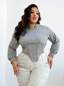 SHEIN SXY Áo nỉ cỡ lớn in chữ, vạt áo bất đối xứng - Màu Xám nhạt - Xem 3