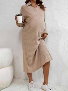 SHEIN Maternity Ribbed Knit Drop Shoulder Dress - Khaki - View 5