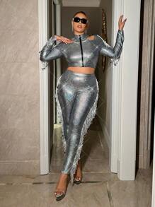 SHEIN ICON Plus Fringe Trim Sequin Skinny Pants - Silver - View 6