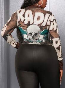 Slaydiva Blusa Slayr Plus - Básicos de calle - Para mujeres de talla grande, de punto elástico de malla nervada, con estampado de malla de contraste y empalmes - Marrón - Ver 3