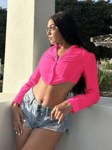 SHEIN SXY Women's Button Down Collar Longline Cropped Shirt - Hot Pink - View 3