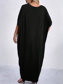 EMERY ROSE Plus Size Solid Color Batwing Sleeve Dress Maxi Women Outfit - Black - View 2