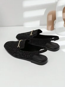 Black Lace Fashionable Women's Shoes With Square Toe And Metal Buckle For Slimming Look