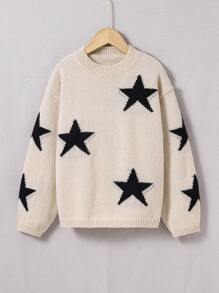 SHEIN Cô gái Tween Hình sao Thả vai Áo len - Màu Khaki - Xem 1