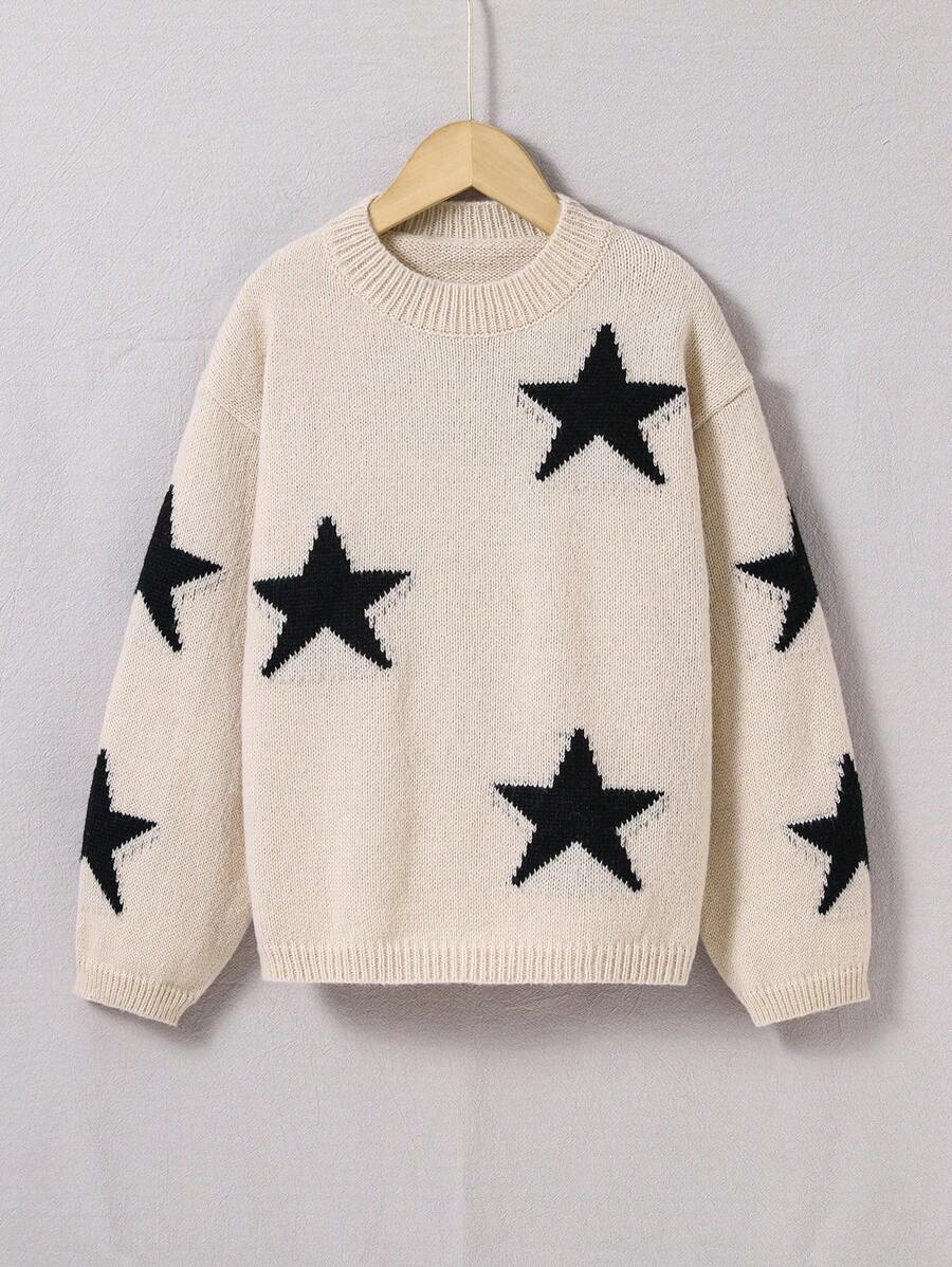SHEIN Cô gái Tween Hình sao Thả vai Áo len - Màu Khaki - Xem 1