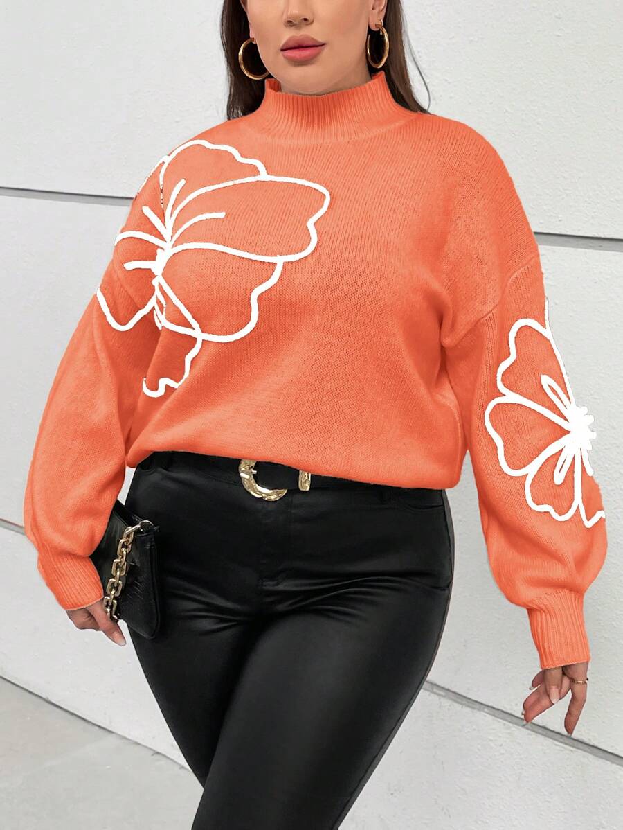 SHEIN Privé 大尺碼花卉圖案下落肩毛衣 - 橘色 - 查看 1