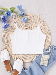 SHEIN Teenage Girls' Knitted Ribbed Panel & Lace Splicing Camisole For Summer