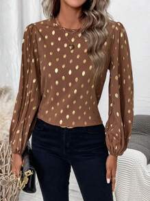 SHEIN Clasi Chấm bi Tay áo lồng đèn Áo sơ mi - Cà phê nâu - Xem 5