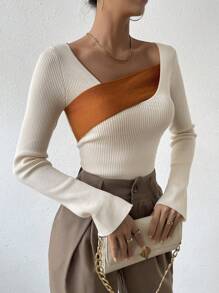 Chiquease Two Tone Asymmetrical Neck Ribbed Knit Sweater,Long Sleeve Tops Knit Pullover Fall Winter Sweater - Apricot - View 5