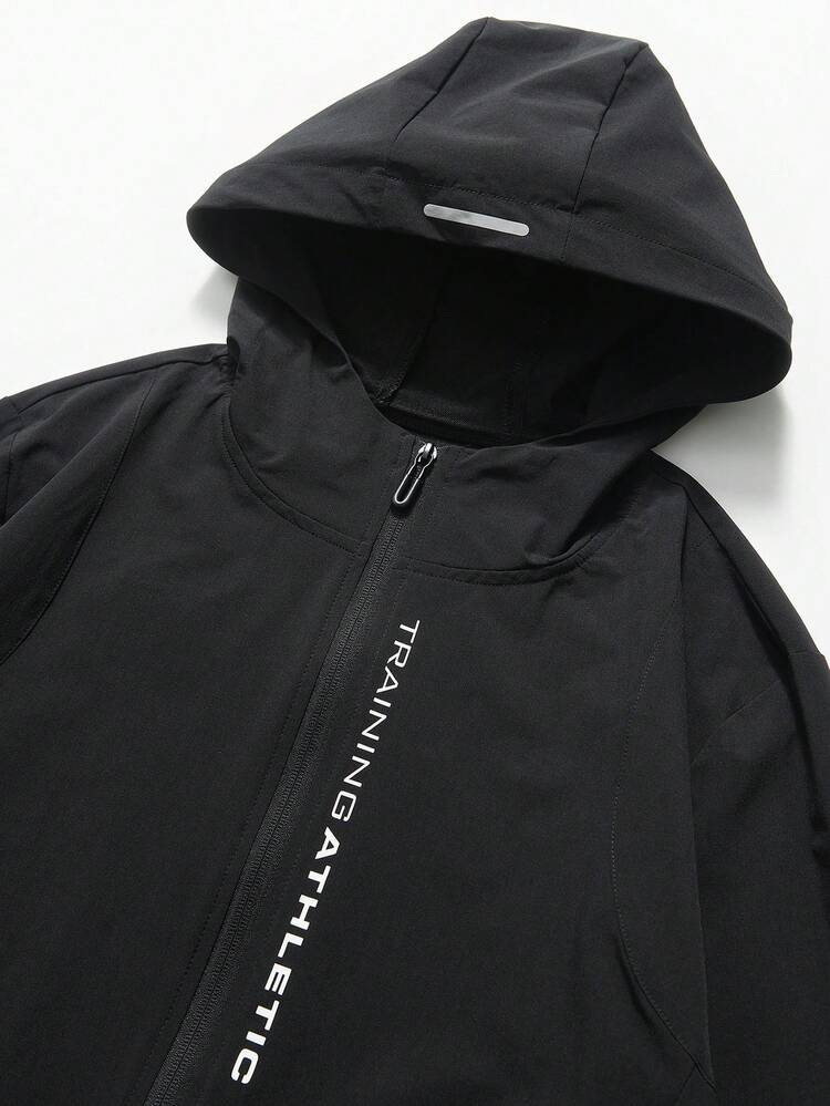 Boyfriend Style Men Letter Graphic Zip Up Hooded Sports Jacket Workout Tops Sports Jacket