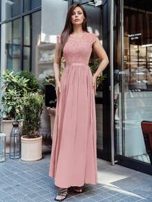 MIUSOL Floral Lace Short Sleeve Chiffon Satin Waist Formal Party Maxi Dress, Elegant Women's Party Gown, Ball Gown, Wedding Guest Dress, Graduation Ceremony Dress, Evening Gown - Pink - View 4