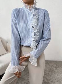 SHEIN Privé 條紋印花荷葉邊荷葉袖前紐扣襯衫 - 藍色 - 查看 1