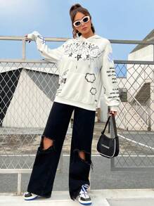 SHEIN EZwear 標語和卡通圖案袋鼠口袋落肩袖抽繩連帽衫 - 白色 - 查看 6