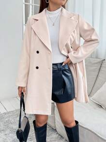 SHEIN PETITE Cổ áo Đôi ngực Áo khoác - Màu be - Xem 1