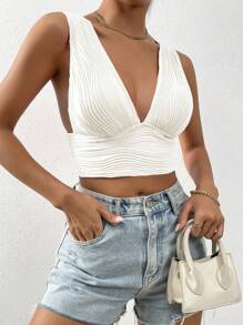 Allurite Plunging Neck Crop Tank Top - White - View 3