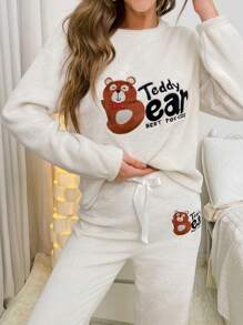 小熊英文繡花法蘭絨套裝 - 白色 - 查看 3