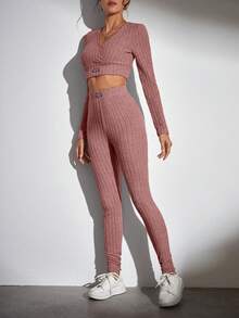 SHEIN Tall Button Front Crop Tee & Leggings - Dusty Pink - View 3