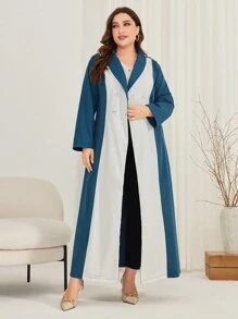 Mulvari Women's Plus Size Color Block Double-Breasted Arabian Dress With Shawl Collar Abayas - Multicolor - View 5