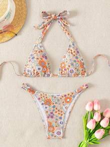 Swim Mod Summer Floral Print Knot Back Bikini Set - Multicolor - View 3
