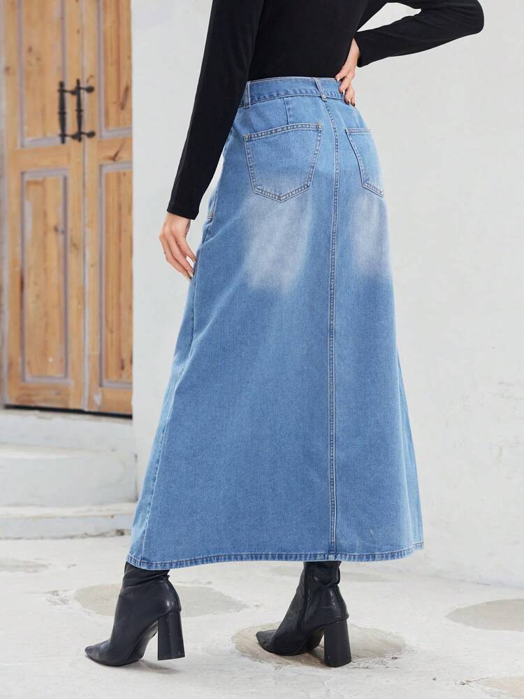 High Waist Split Thigh Belted Denim Skirt