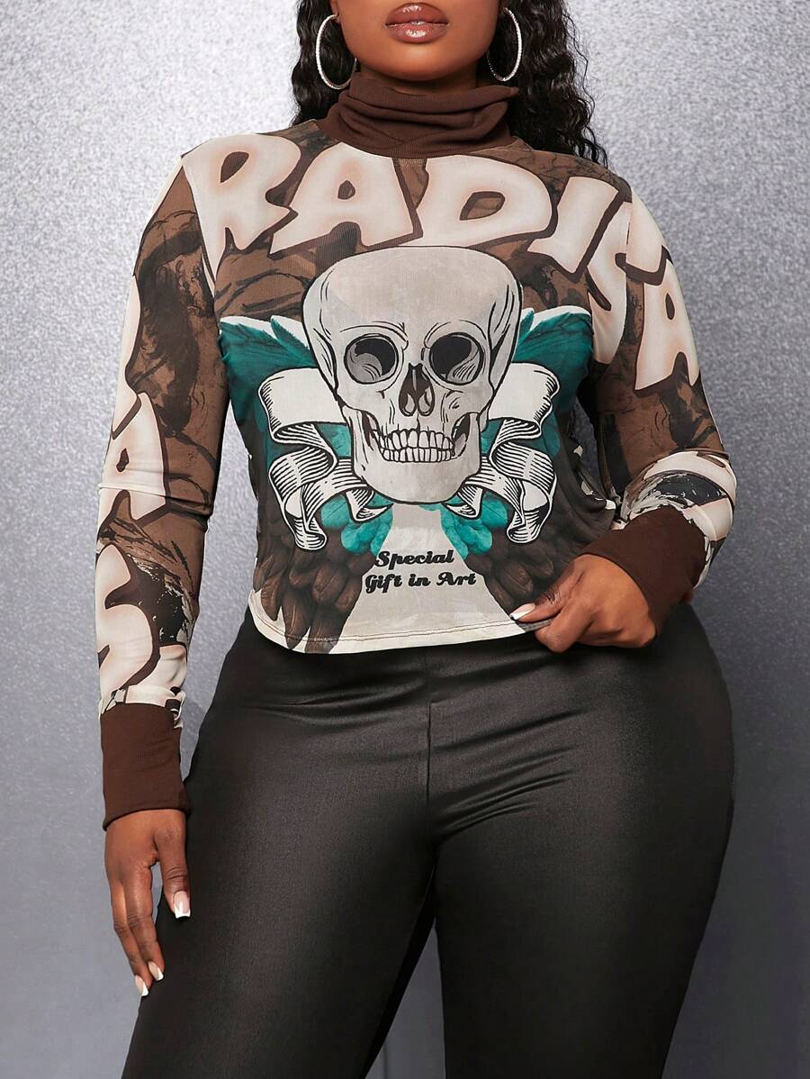 Slaydiva Blusa Slayr Plus - Básicos de calle - Para mujeres de talla grande, de punto elástico de malla nervada, con estampado de malla de contraste y empalmes - Marrón - Ver 1