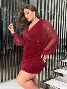 SHEIN Privé Plus sukienka typu bodycon z dekoltem typu serplice i rękawami typu lantern, marszczona, z brokatem, na Święto Dziękczynienia