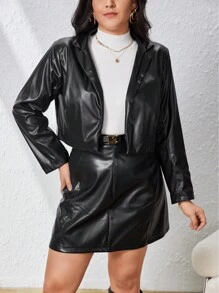 SHEIN Privé Plus Size Pu Open-front Jacket - Black - View 5