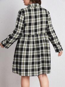 SHEIN LUNE Plus Plaid Print Button Front Shirt Dress - Black and White - View 3