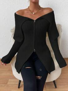 SHEIN Privé 女士露肩肋編拉鍊釦上針織衫 - 黑色 - 查看 4
