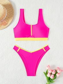 SHEIN Swim SPRTY 女士拼色比基尼套裝 - 粉色 - 查看 4