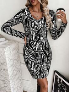 SHEIN Clasi Vestido ajustado con estampado - Blanco y Negro - Ver 3
