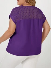 SHEIN Clasi Plus Contrast Lace Batwing Sleeve Blouse - Purple - View 2