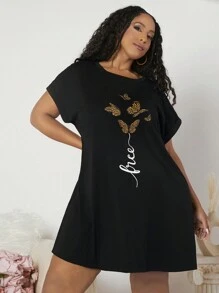 SHEIN CURVE+ 大碼蝴蝶和字母印花裙 - 黑色 - 查看 6