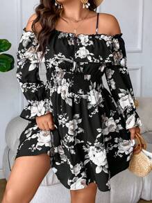 SHEIN LUNE 大碼印花挖肩荷葉袖前打結連衣裙 - 彩色 - 查看 3