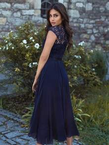 MIUSOL Bridesmaid Dress With Lace Ruffle Hem And Asymmetrical Hemline - Navy Blue - View 3