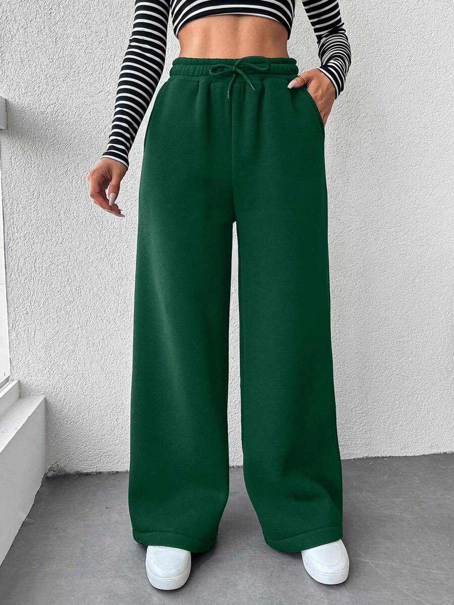 RueChic 女士純色彈性高腰寬褲運動褲 - 綠色 - 查看 1