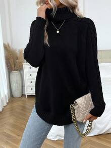 SHEIN LUNE Áo cao cổ Tay Raglan Curved Hem Áo len - màu đen - Xem 6