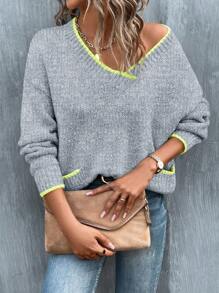 SHEIN LUNE Color Block Ribbed Edge Drop-shoulder Sweater With Double Pockets - Light Grey - View 1