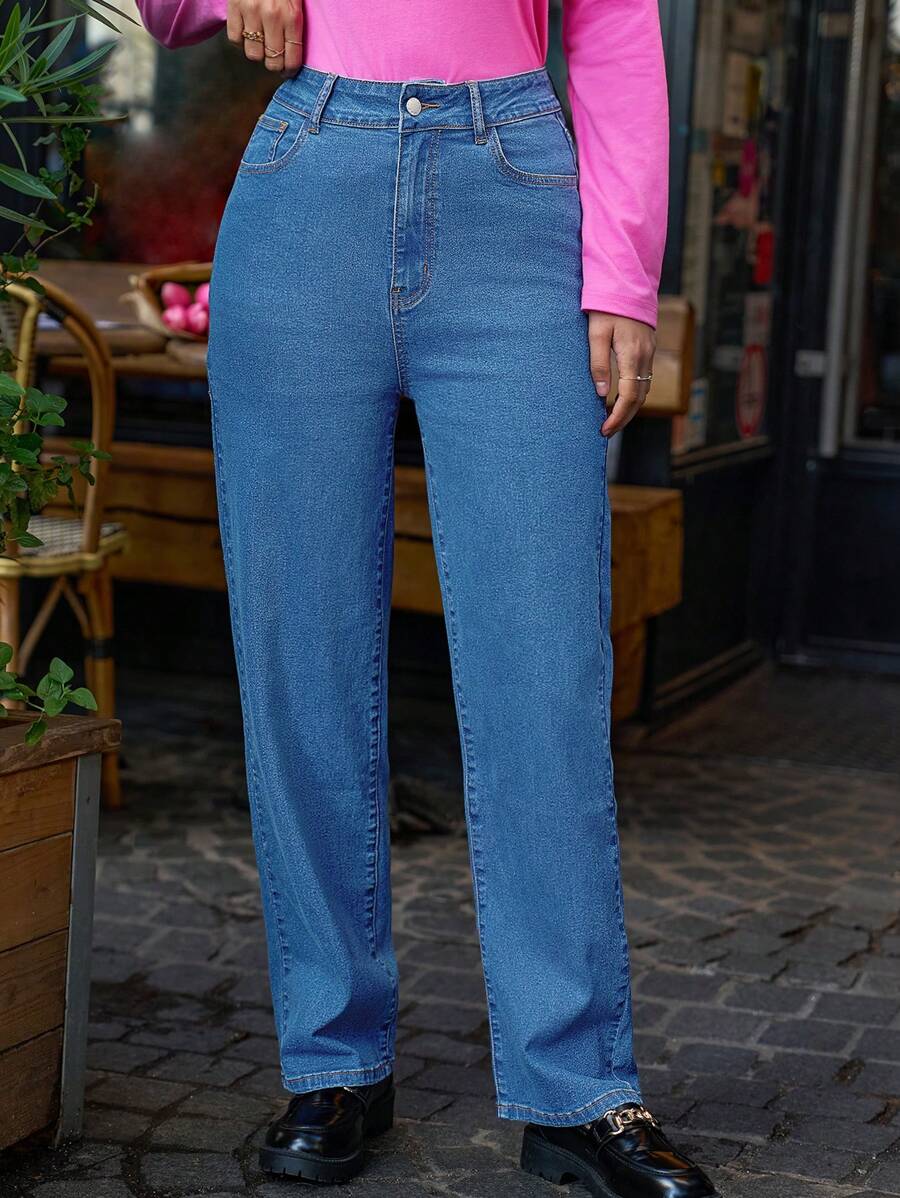 SHEIN Frenchy Women's Straight Fit Simple Style Jeans - Medium Wash - View 1